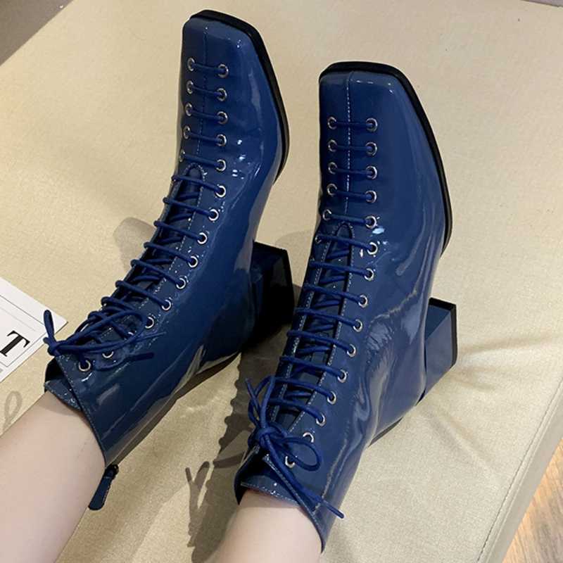 

Square Toe Ankle Boots Women Fashion blue Patent leather Lace-Up Mid High Shoes British Style Shoes, Black