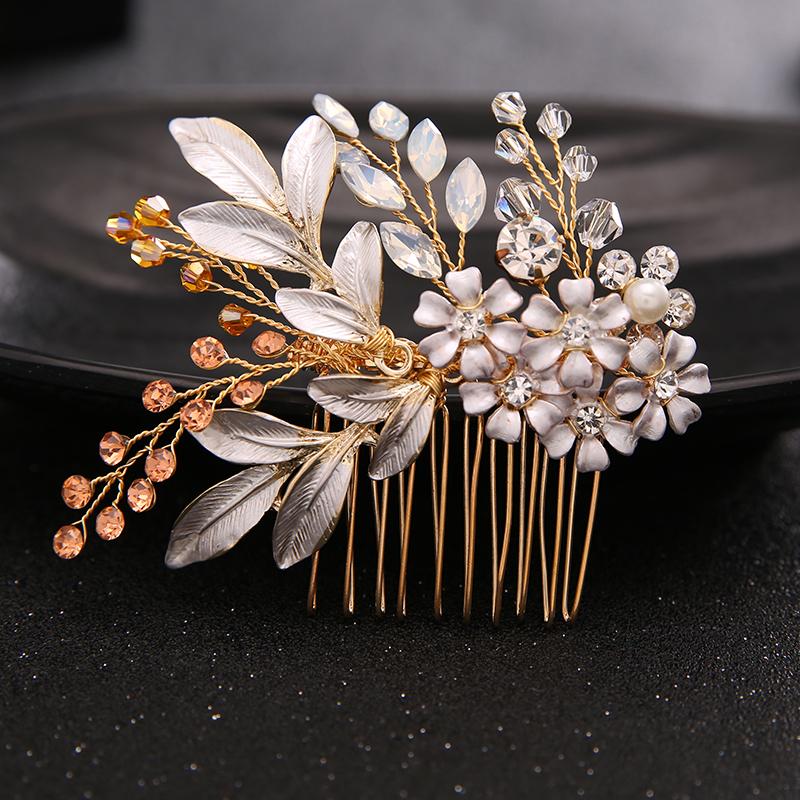 

Handmade Gold color Flower Leaf Wedding Hair Comb For Bride Floral Hair Accessories Rhinestone Head Pieces Ornaments