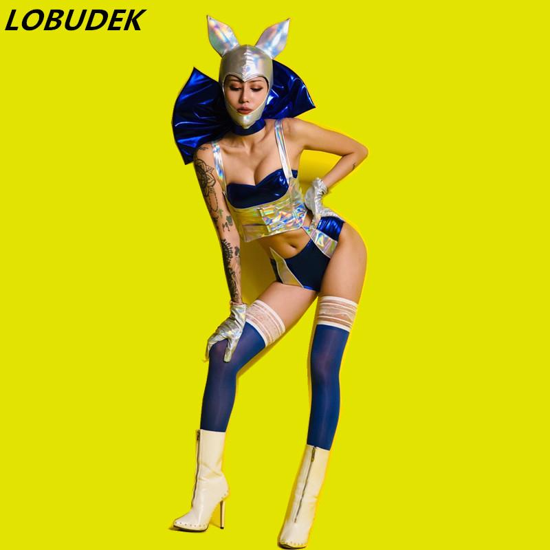 

Bar Nightclub DJ Dance Team Costume Silver Blue PU Leather Bikini Set Sexy Dance Outfit Singer Jazz Performance Stage Wear