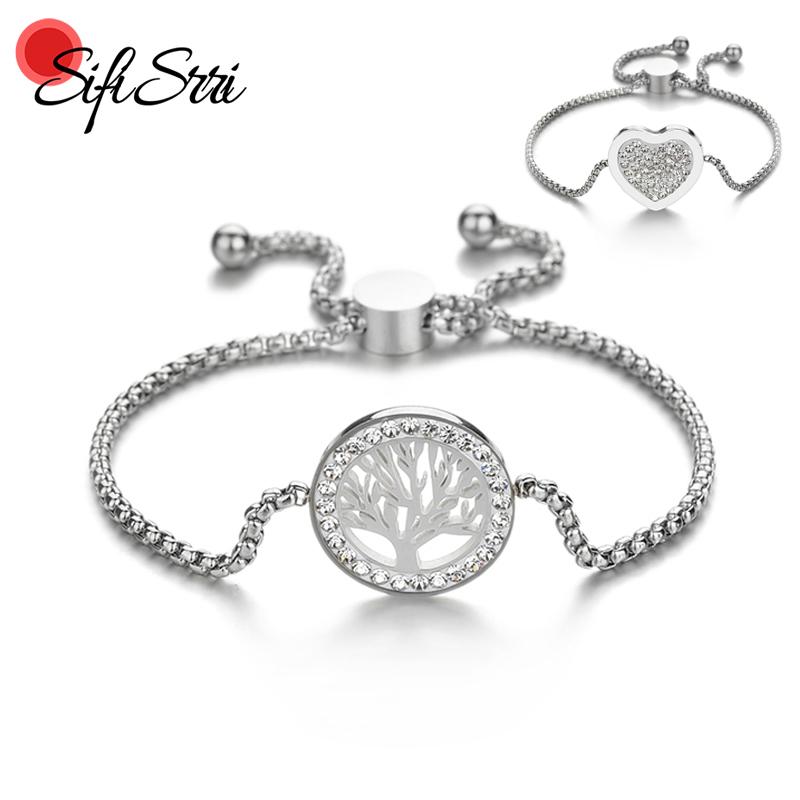 

Sifisrri Hollow Tree of Life Zirconia Heart Charm Bracelet Stainless Steel Adjustable Chain Bracelets For Women Wedding Gift