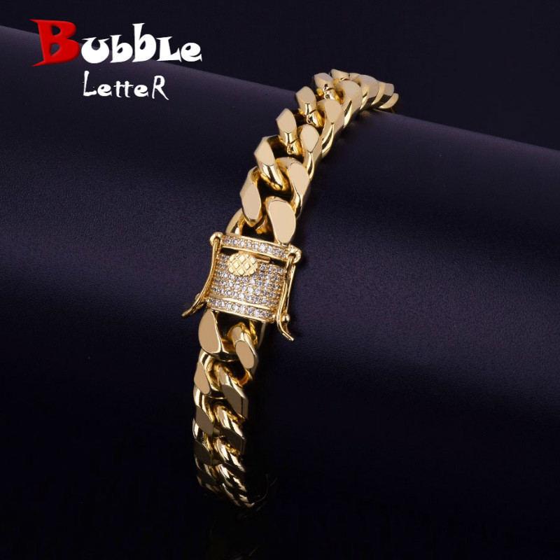 

Iced Zircon Cuban Chain Bracelet Men's Hip Hop Jewelry Copper Material Gold Color CZ Clasp Cuban Bracelet Link 8" LJ200918, Black