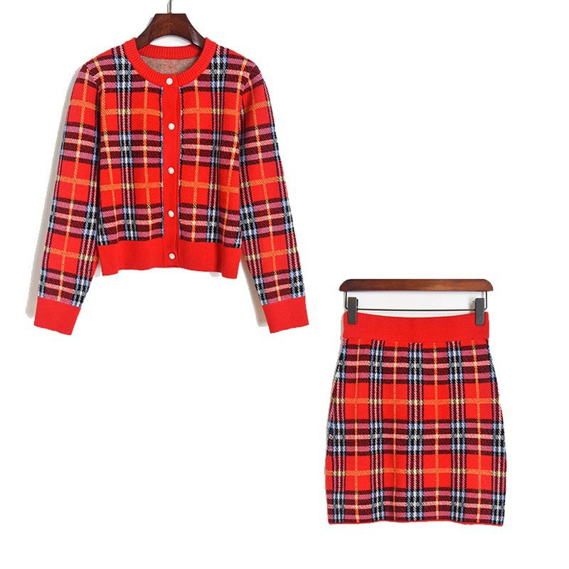 

2021 Female Mesh Ensembles 2 Piece New Colorblock Sweater Skirt Vintage Autumn Ensemble Chess Suit Two Sets 7V6F, Red