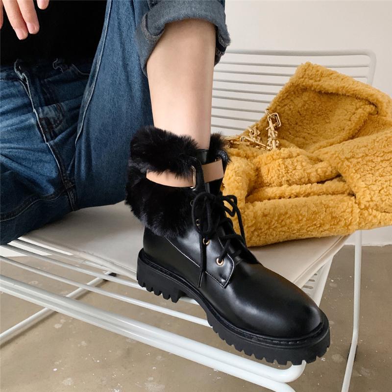 

Women fur PU leather ankle boots Lace-Up chunky heels platform warm plush lining winter booties young shoes Footwear Size 33-43, Black