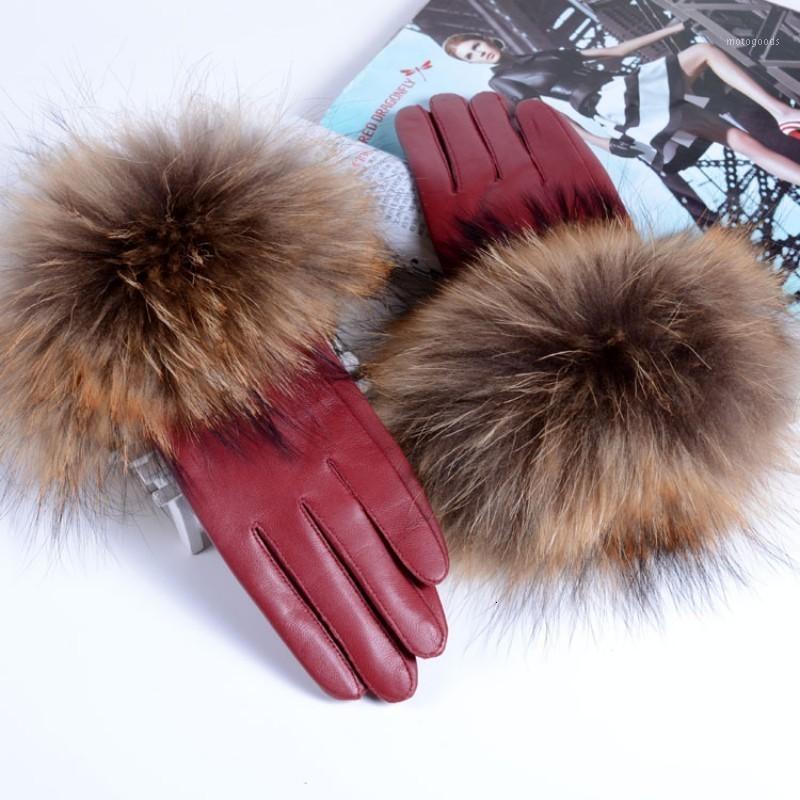 

New Women Genuine Leather Raccoon Fur Gloves Female 2020 Brand Winter Ladies Fashion Black Red Green Sheepskin Driving Gloves1