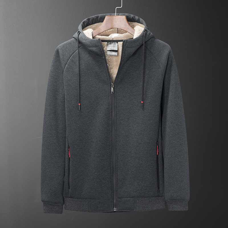 

Winter Lamb cashmere hoodie men plus velvet hooded hoodie lamb cashmere Baseball jacket with hood mens cotton jacket boy zipper, Black