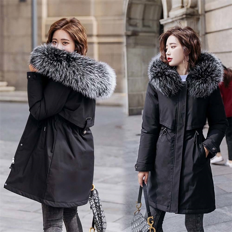 

PinkyIsBlack New Warm Fur Lining Long Parka Winter Jacket Women Clothing Medium Long Plus Size 6XL Hooded Winter Coat Women 201110, Beige