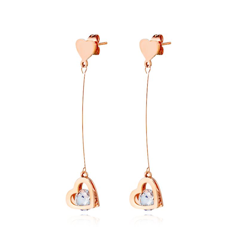 

2021 Stainless Steel Heart Zircon Pendants Drop Earrings For Women Rose Gold Long Tassels Jewelry Aesthetic Accessories Earrings