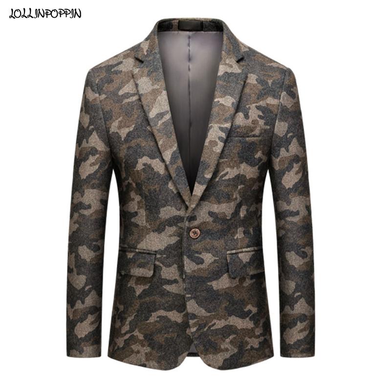 

Men Camouflage Woollen Suit Jacket Notched Lapel Single Button Back Vent Camo Pattern Style Coat 2021 New Outerwear, Color 02