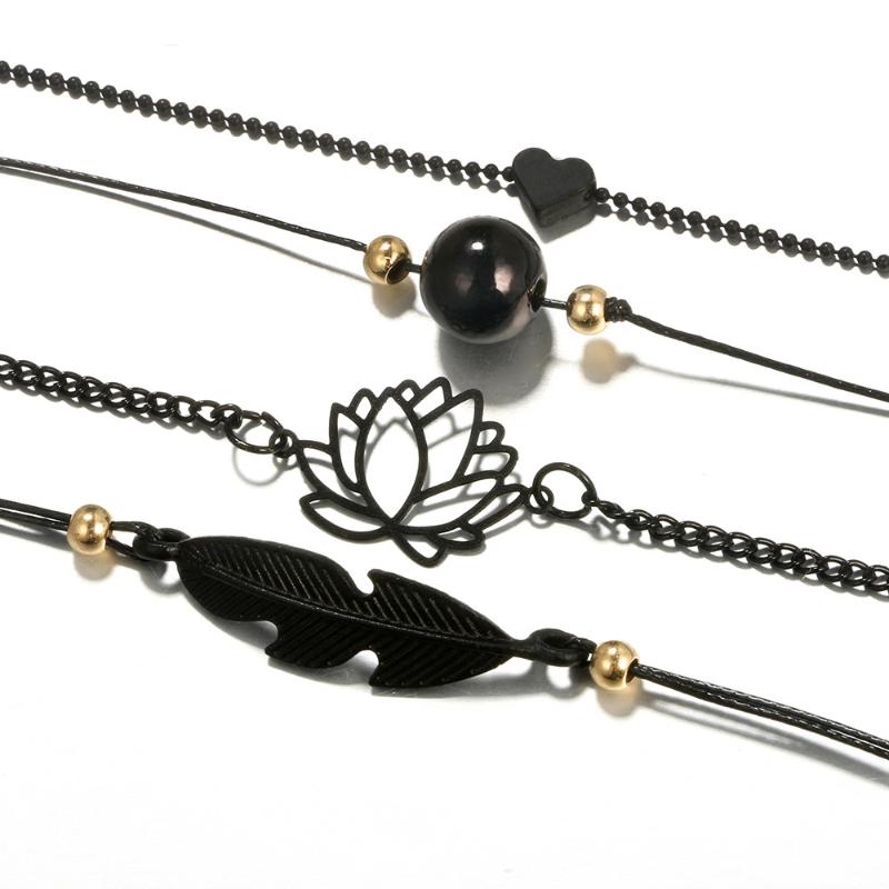 

4PCS Black Love Heart Openwork Lotus Ball Leaves Bracelet Fashion Bohemia Leaf Knot Hand Cuff Chain Charm Bracelet