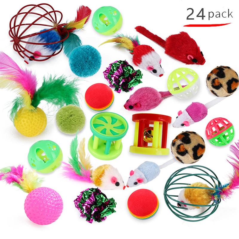 

24pcs/set Cat Toys Funny Cat Teasing Toys Multi-shape Kitten Stick Ball Feather Interactive Play Pet Supplies