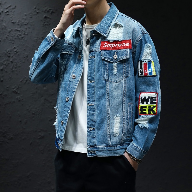

Harajuku New Male Style Make Fashion Mark Jacket Denim Man's Clothing Hole 97p1, Black.
