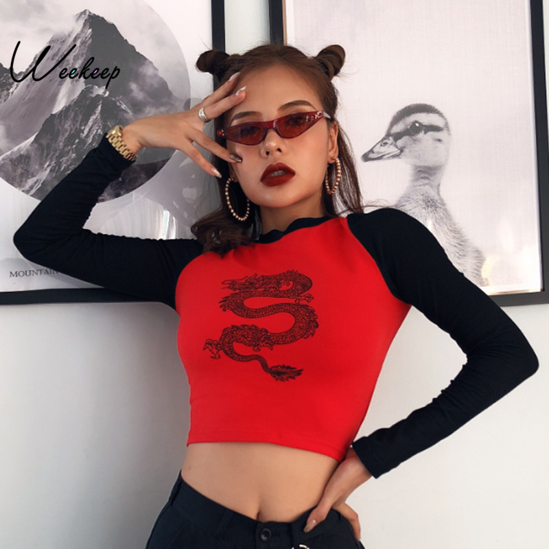 

Weekeep Women Patchwork Dragon Print Long Sleeve t shirt Sexy Cropped Streetwear O-neck Tee Shirt Femme Spring Autumn Crop Top Y200111, Red