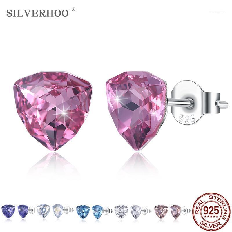 

SILVERHOO 925 Sterling Silver Triangle Stud Earrings Twinkle Muticolor Austria Crystal Earrings Ladies Engagement Fine Jewelry1
