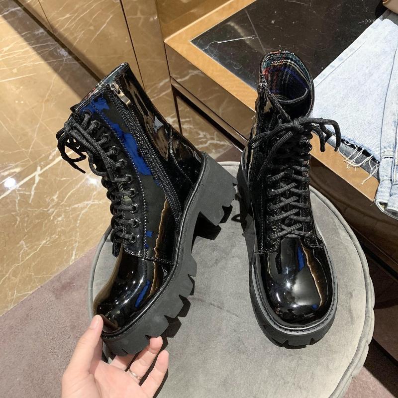 

Woman 2020 Botas Mujer Botas Women Motorcycle Ankle Boots Female Lace Up Platforms Black Leather Shoes Zip Cross-tied Zapatos1