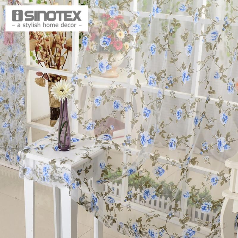 

iSINOTEX Blue Floral Window Curtain Fabric Living Room Transparent Burnout Sheer Tulle Voile Screening 1PCS/Lot, Rod pocket