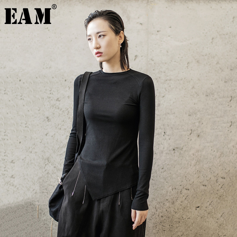 

[EAM] Women Burr Split Joint Asymmetrical Temperament T-shirt New Round Neck Long Sleeve Fashion Tide Spring Autumn 1H312 201125, Black