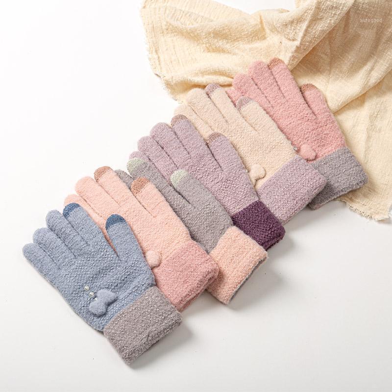 

Five Fingers Gloves Fashion Knitted Female's Winter Bow-knot Pearl Decoration Women Outdoor Full Finger Thick Keep Warm Lady Mittens1