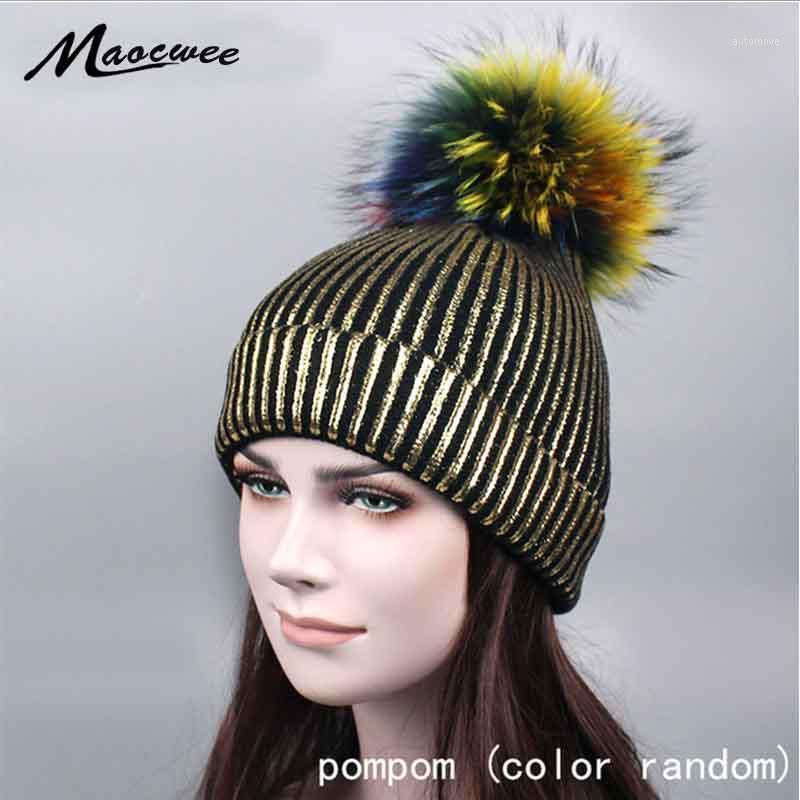 

Autumn Winter Womens Fur Pompom Beanies Hats bronzing gold and silver with caps Solid Metallic Knitted Skullies Caps for Girls1
