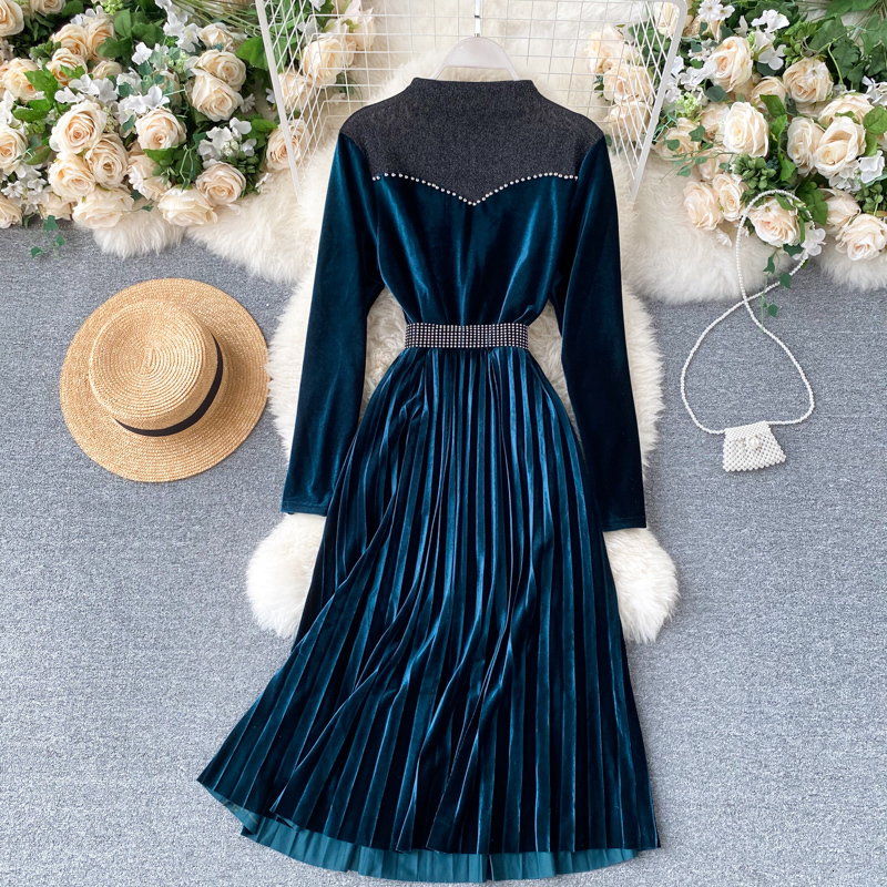 

2021 New singer retro woman's elegant fashion line dressed winter chic velvet dress 5BTB, Dark blue