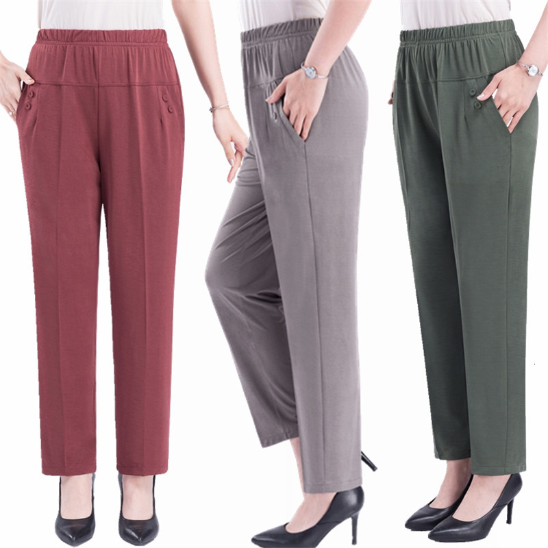 

2021 New Middle-aged Elderly Women's Straight Summer Thin Loose Elastic Waist Pants Ma Female Trousers Plus Size 5xl Y311 It9p, Black seven points