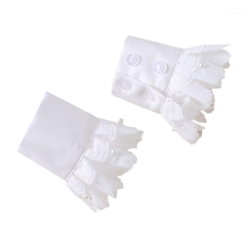 

Women Double Layer Chiffon Horn Cuff Ruffled Lace Pearl Beading False Sleeves 649C1