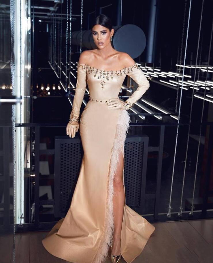

2021 Gorgeous Feather Evening Dresses Champagne Sheath Long Sleeves Crystal Beading Long Prom Gowns High Split Noble Pageant Formal Party, Grape