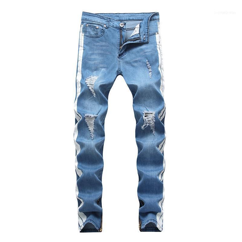 

White Stripe on Side High Street Jeans Men 2019 New Fashion Men's Denim Pants Cotton Black Blue11, Blue