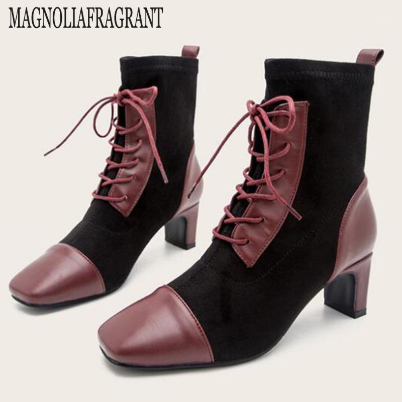 

2020 NEW winter women's boots Mixed colors Lace up women's boots Square head thick high heels short for women ay641, Black