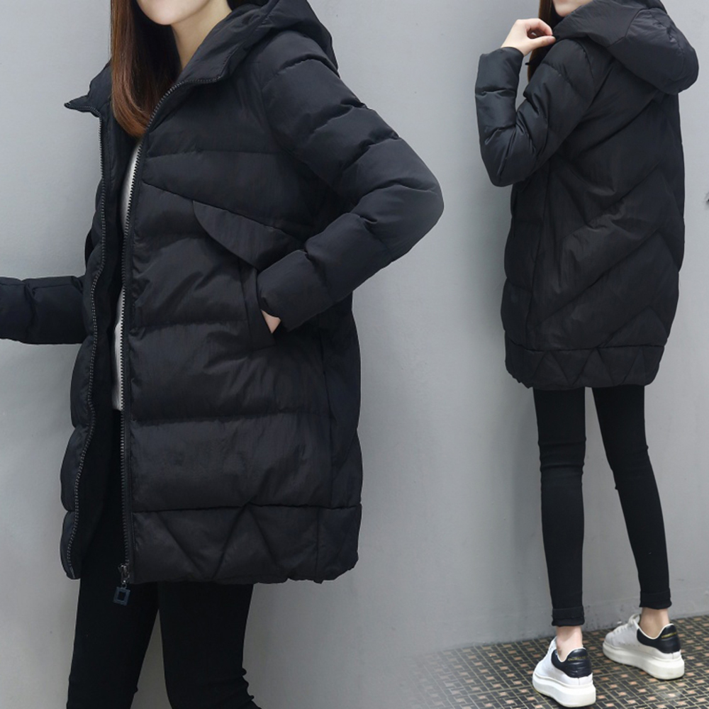 

Women Fashion Long parkas winter Down Cotton Coat Lady Leisure style Jacket Pocket Hooded Warm Coats Chamarras De Mujer, Black