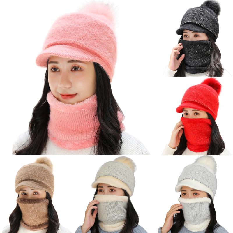 

Adult Woman Solid Pompon Hat Winter Warm Knit Crochet Cap Scarf Neckerchief Wool Knitted Warm Thicken Pompon Caps Hat