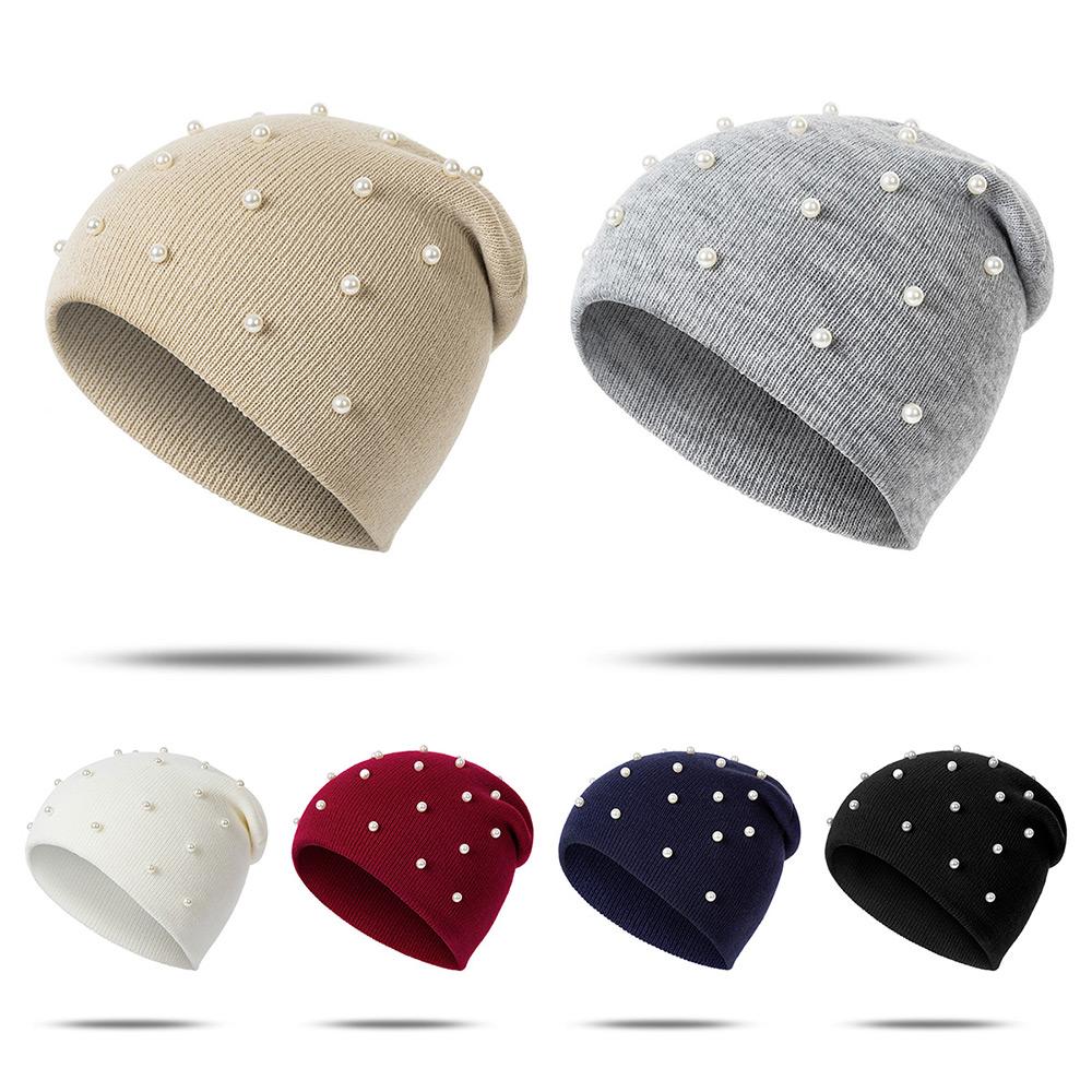 

TRUENJOY New Fashion Pearls Women Casual Beanies Hat Winter Warm Hat Kids Knitted Skullcap Girls bonnet Ladies, White