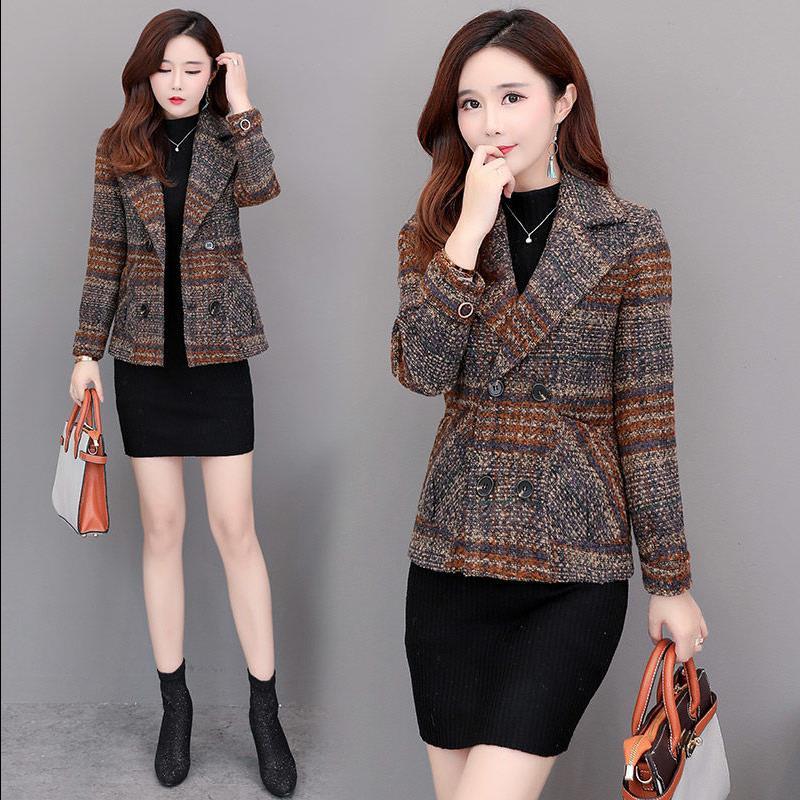 

2020 New Plaid Coat Women's Short Section Slim Double-breasted Retro Woolen Coat Spring Autumn Jackets Outerwear N897
