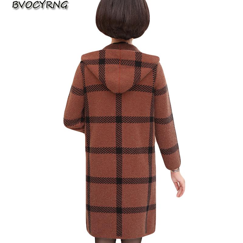 

New Middle-aged Autumn Jacket Coat Female Long knitting Sweater Hooded Large Size Women's Windbreaker 2020 New Plaid Wool Parka, Blue