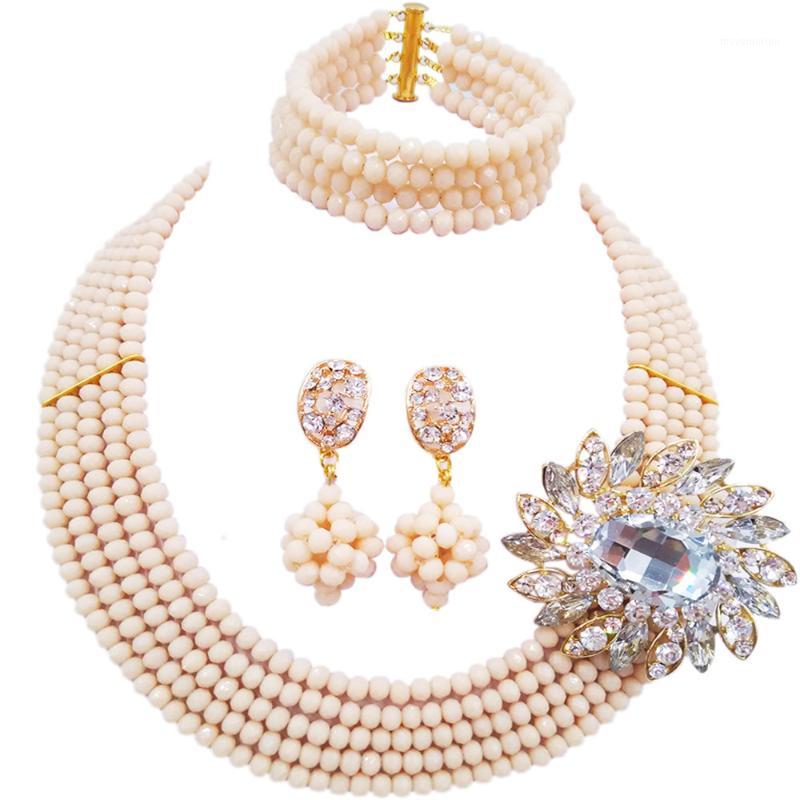 

Majalia Classic Fashion Nigeria Wedding Africa Beads Jewelry Set Beige Necklace Bracelet Bridal Jewelry Sets MH-051, As pic