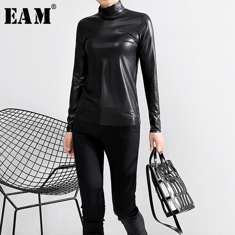 

[EAM] Women Black Brief Pu Leather Temperament T-shirt New Stand Collar Long Sleeve Fashion Tide Spring Autumn JY93301 201125