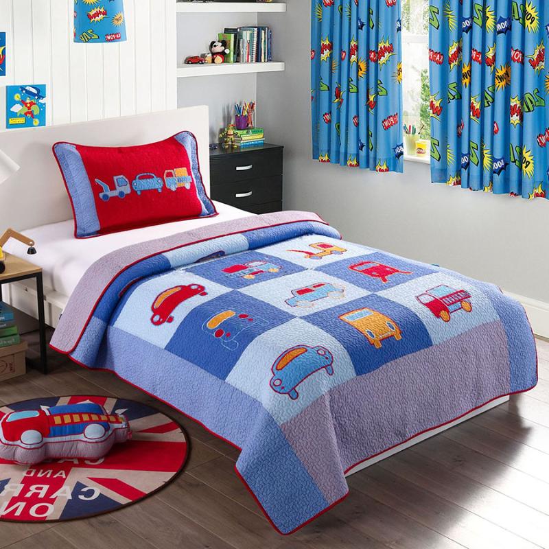 

Kids Embroidered Car Quilt Set 2pcs Quilted Bedspread Bed Covers Washed Cotton Quilts Coverlet Cover Twin Size Boys Bedding, Blue