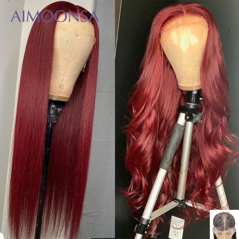 

Transparent Lace Wigs Burgundy Wigs Human Hair Straight Wig For Black Women Body Wave Wig T Part Lace 150% Density Remy