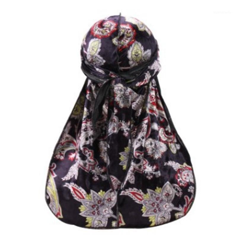 

2pcs/lot unisex gold velvet printed durag lengthened lace-up stretch du rag long tail pirate skull cap TJM-D101