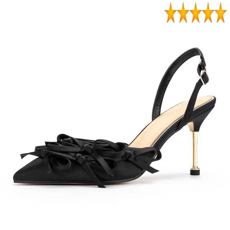 

Sandals Elegant High Women Heels Summer New Pointed Toe Satin Thin Heel Shoes Brand Black Butterfly-Knot Wedding Party Pumps1, Silver heel