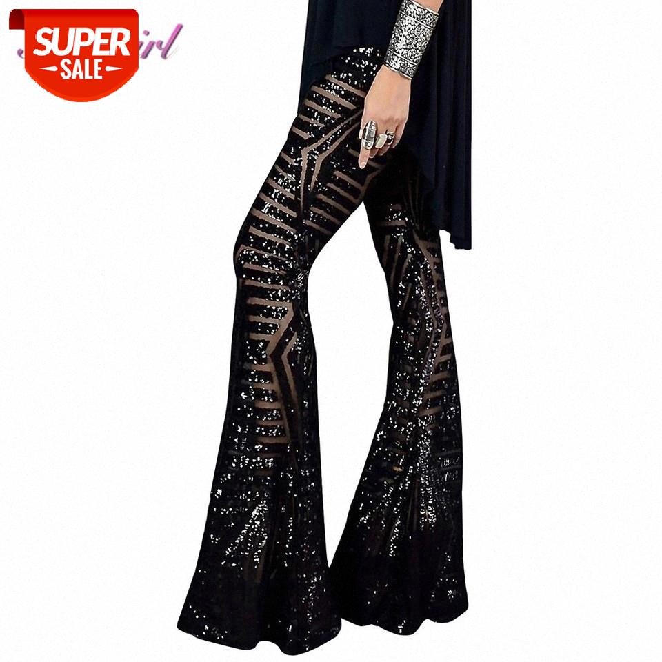 

Sexy Black Sequines Wide Leg long Pants Women New High Waist Party Club Christmas Trousers Pants Outfit Streetwear Flared #eC7w, Black;white