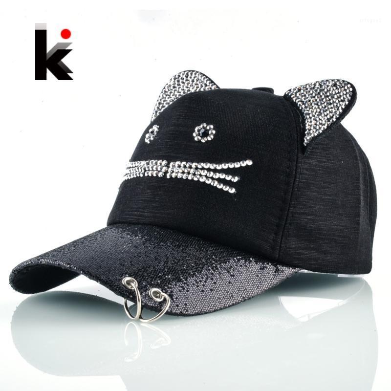 

Girls Flashing Rhinestone Baseball Cap With Cute Cat Ears Snapback Hip Hop Hats For Women Drake Metal Ring Trucker Bone Feminino1, Black