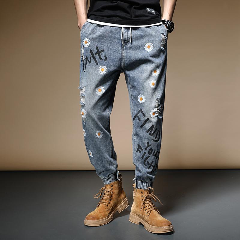 

Summer Men Ripped 2020 Baggy Jeans Mens Fashion Daisy Printed Elastic Waist Ankle-Length Pants Streetwear Legged Trousers, Blue