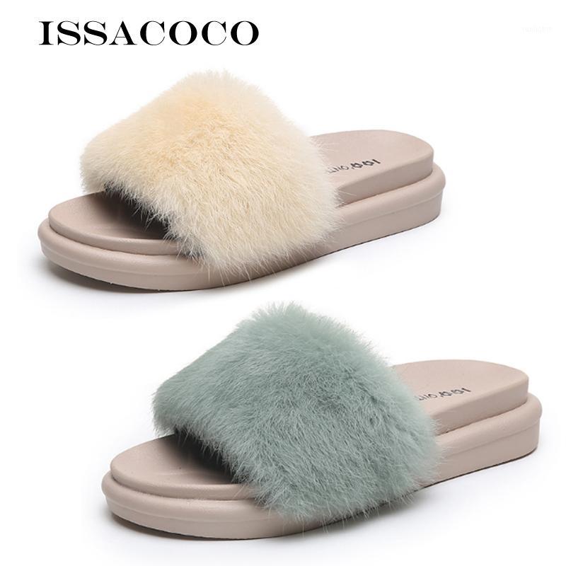 

ISSACOCO Women's Home Plush Slippers Sandale Real Fur Fashion Slippers Fur Slides For Women Sandalias Ladies Female Shoes1, Beige