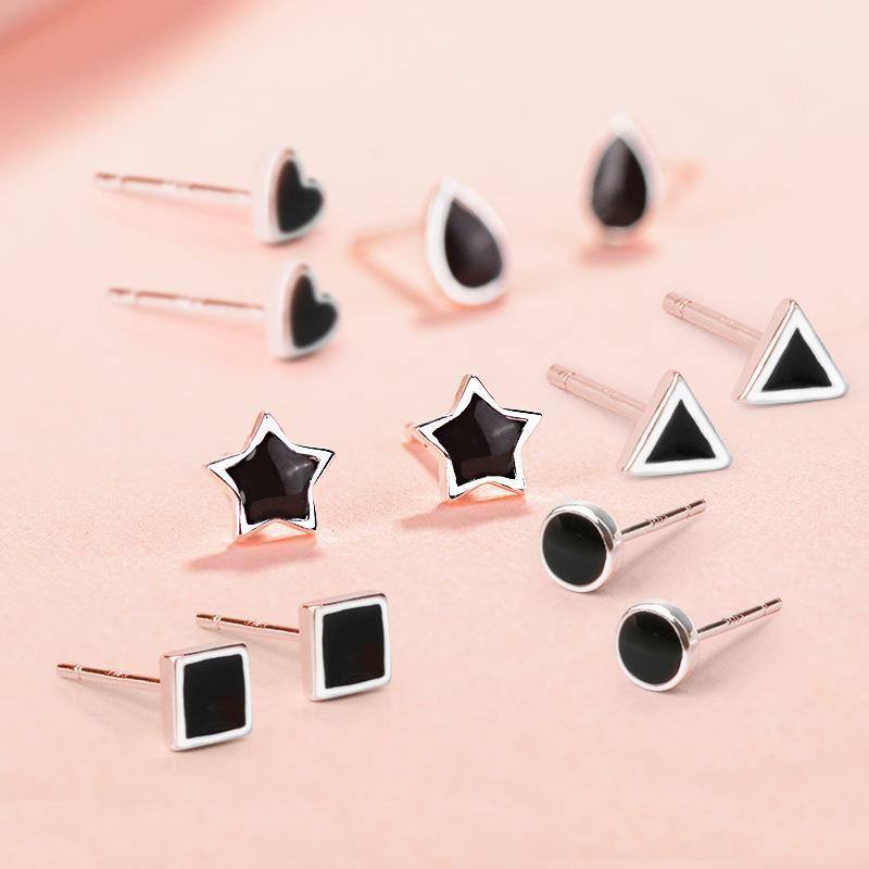 

Solid 925 Sterling Silver Mini Stud Earrings Black Geometric Studs Teardrop Square Heart Round Triangle Star Earrings Unisex1
