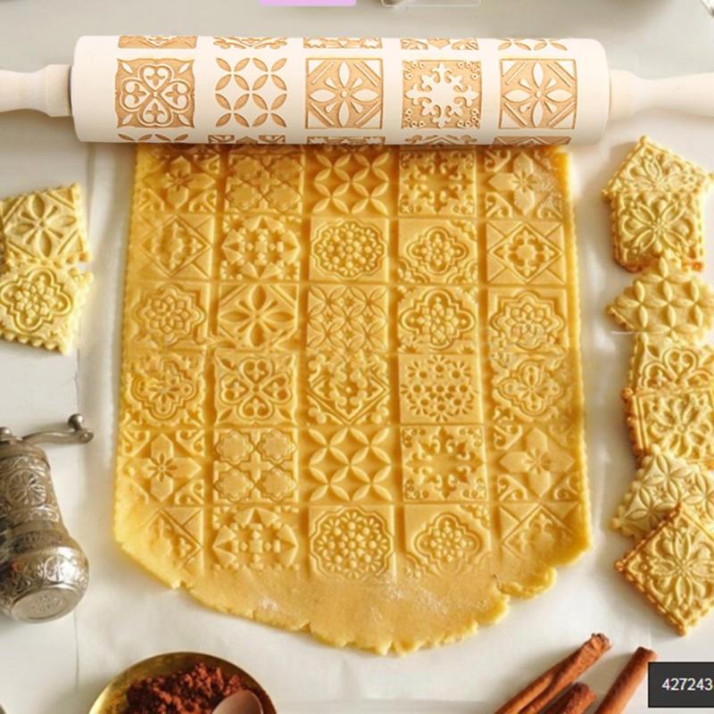 

Wood Embossing Rolling Pin Fondant Cake Dough Cookies Noodle Biscuit Vintage Pattern Engraved Roller For Drop Shipping