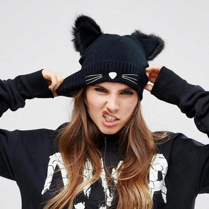 

BONJEAN Women Cat Ear Cute Crochet Braided Knit Beanie Ski Wool Warm Cap Hat Female Fur Beanies Bonnet Femme pompom Caps, As pic