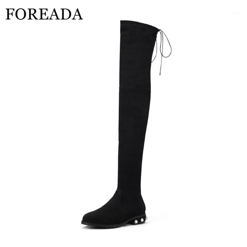 

FOREADA Designer Women Riding Boots Stretch Thigh High Boots Flock Winter Slim Over The Knee String Bead Spring 2020 Shoes1, Black synthetic lini