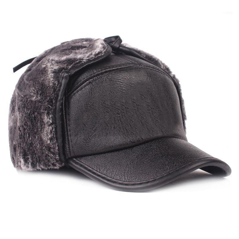 

2020 Outdoor Cycling Leather Cap Men's Earmuffs Winter Leather Hat Warm Plus Velvet Cap Locomotive Lei Feng Warm Hat1