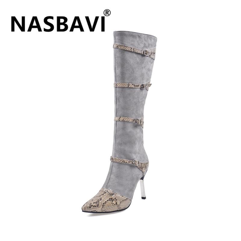 

2020 women knee high boots snake autumn winter long boots thin high heels pointed toe zipper Metal buckle fashion shoes women, Gray