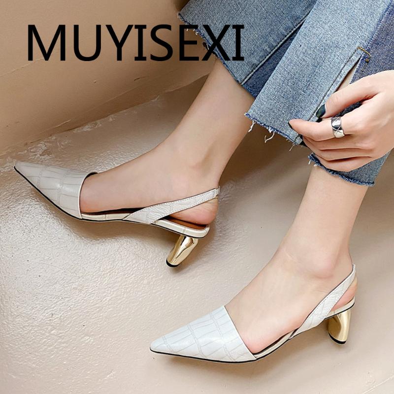 

Slingbacks 5cm High Heel Sexy Pointed Toe Women Pumps Genuine Leather Spring Summer Fashion Office Work Shoes AF21 MUYISEXI, Beige